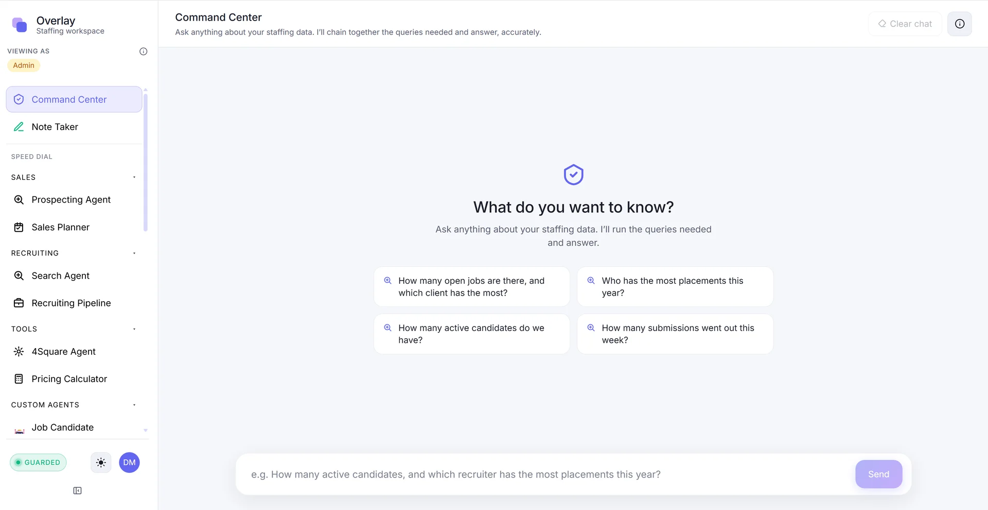 Overlay Command Center: ask anything about your staffing data, with Sales, Recruiting and Tools agents in the sidebar